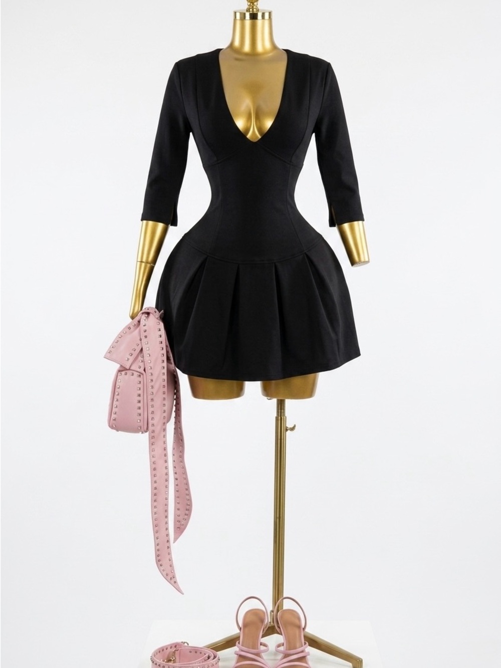 Fashion Nova Black Deep V Pleated Mini Dress